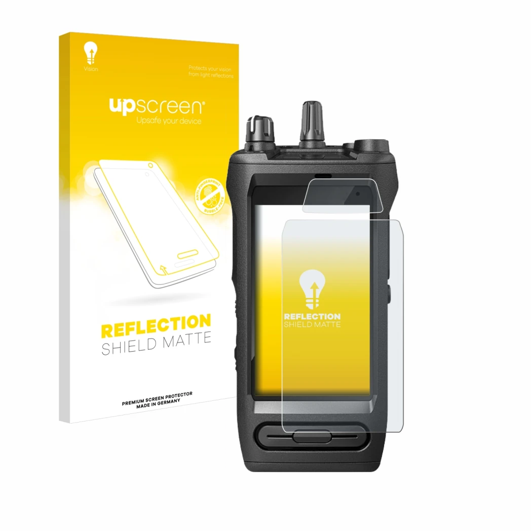 Face avant d’un emballage produit avec le logo de la marque upscreen. À côté, l’appareil Motorola Mototrbo Ion est représenté 