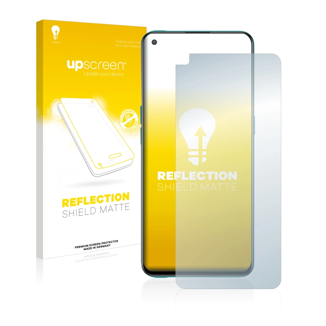 Face avant d’un emballage produit avec le logo de la marque upscreen. À côté, l’appareil OnePlus Nord CE 5G est représenté ave