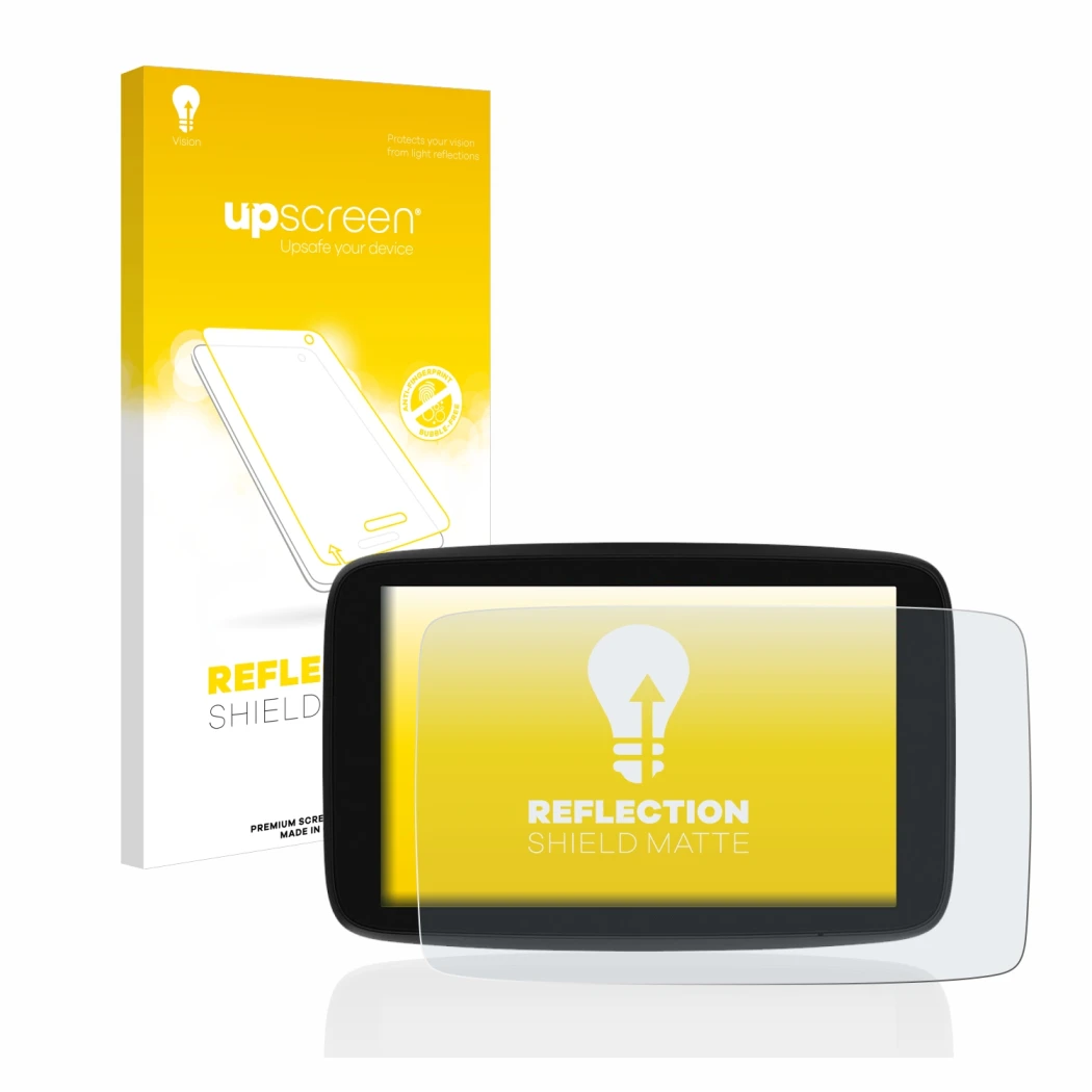 Face avant d’un emballage produit avec le logo de la marque upscreen. À côté, l’appareil TomTom Go Expert 7
