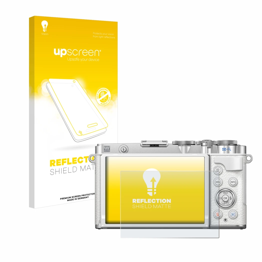 Face avant d’un emballage produit avec le logo de la marque upscreen. À côté, l’appareil Olympus PEN E-P7 est représenté avec