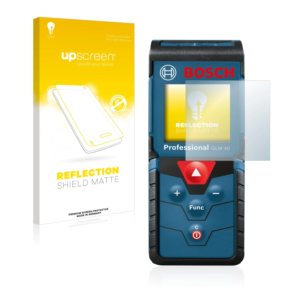 Face avant d’un emballage produit avec le logo de la marque upscreen. À côté, l’appareil Bosch GLM 40 Professional est représe