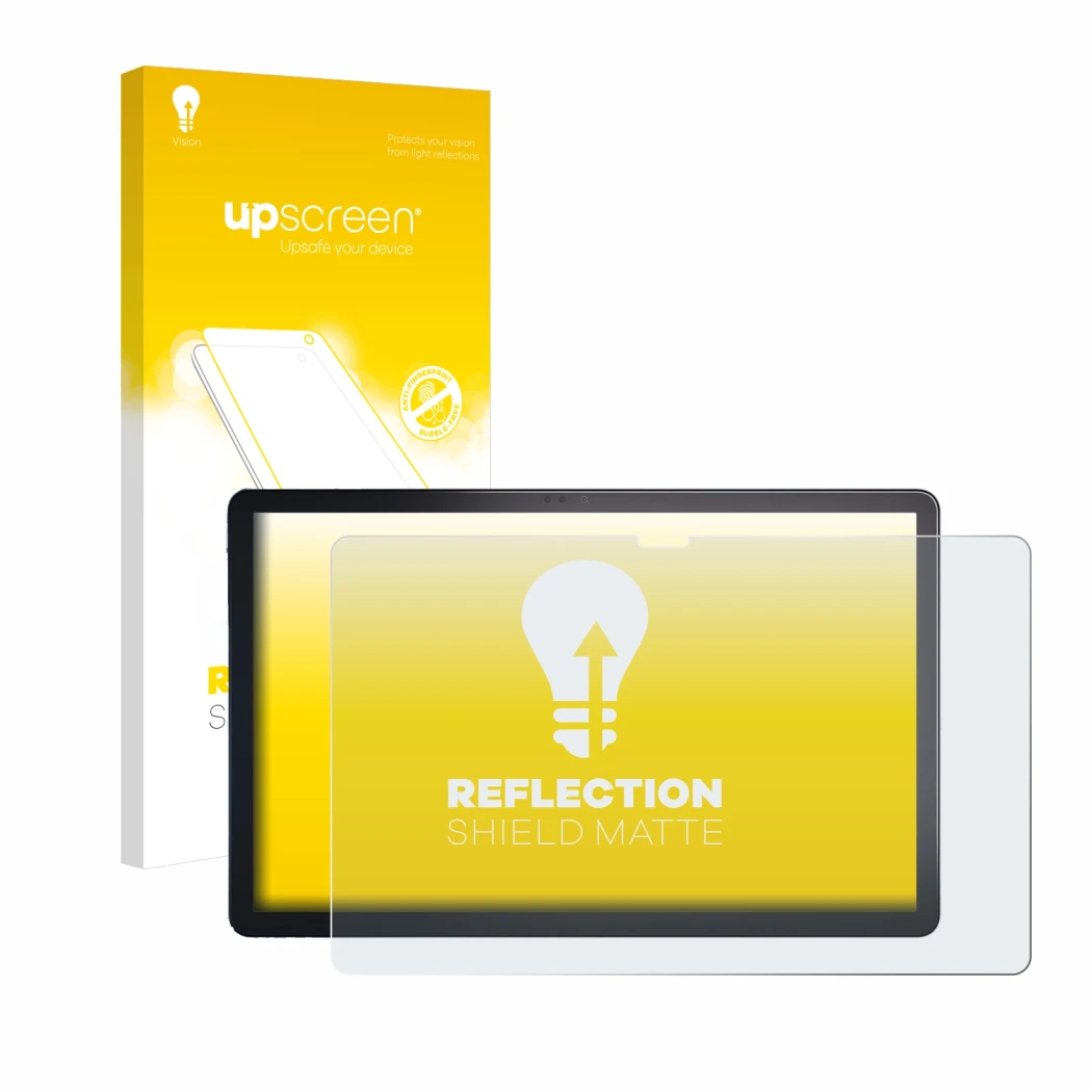 Face avant d’un emballage produit avec le logo de la marque upscreen. À côté, l’appareil Lenovo Tab P11 Plus est représenté av