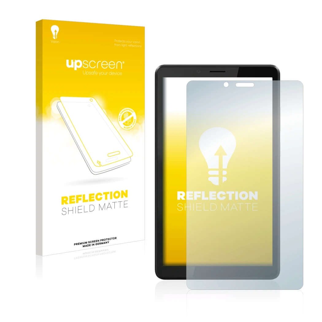 Face avant d’un emballage produit avec le logo de la marque upscreen. À côté, l’appareil Lenovo Tab M7 (3ème Gen.) est représe