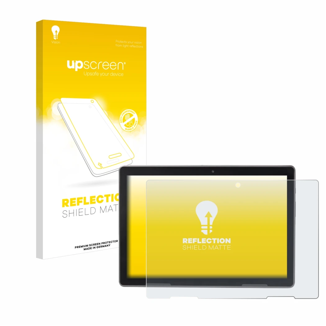 Face avant d’un emballage produit avec le logo de la marque upscreen. À côté, l’appareil MEDION Lifetab P10912 est représenté