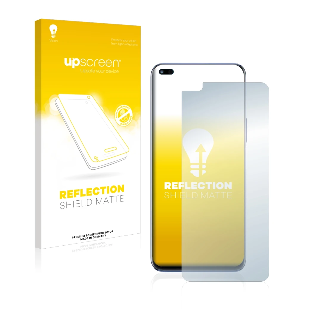 Face avant d’un emballage produit avec le logo de la marque upscreen. À côté, l’appareil Huawei Nova 8i est représenté avec la