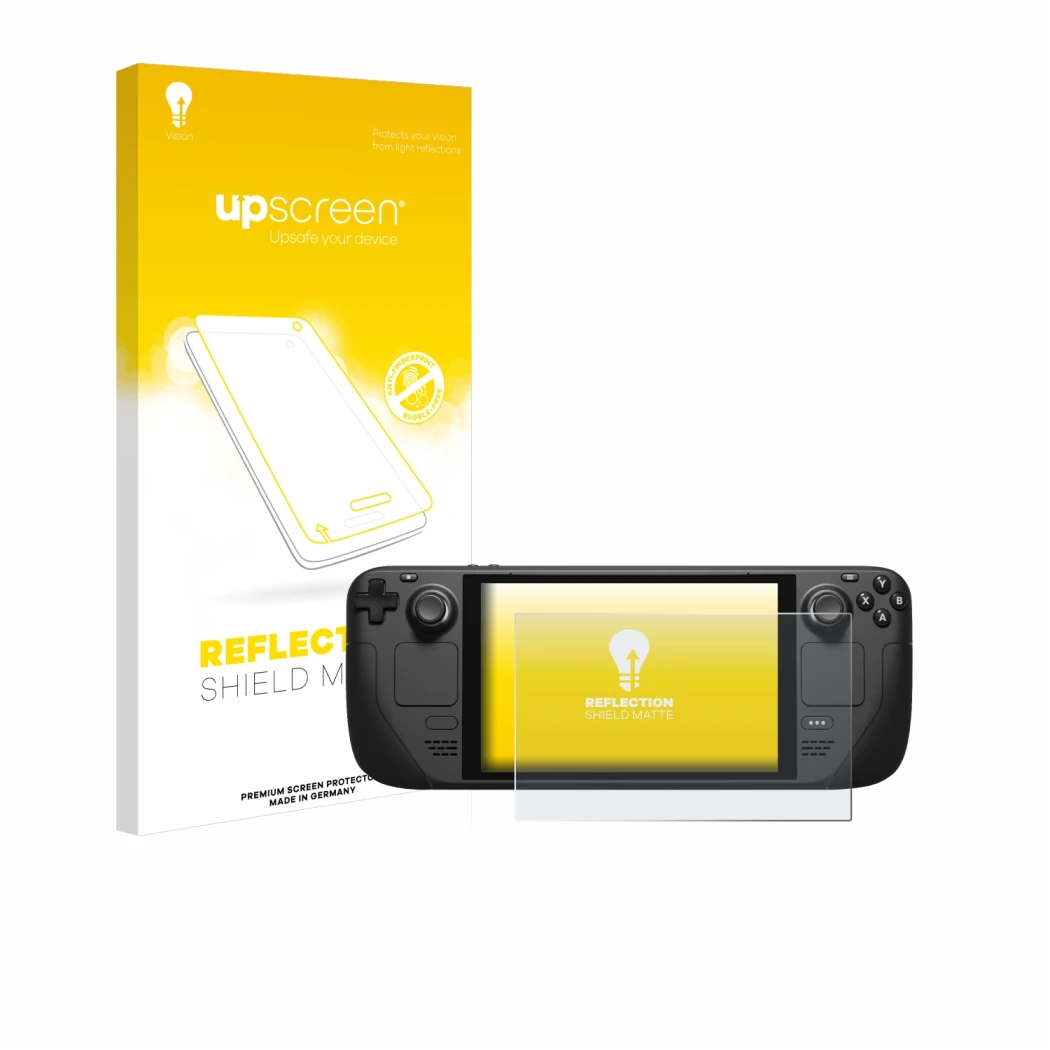 Face avant d’un emballage produit avec le logo de la marque upscreen. À côté, l’appareil Valve Steam Deck est représenté avec 