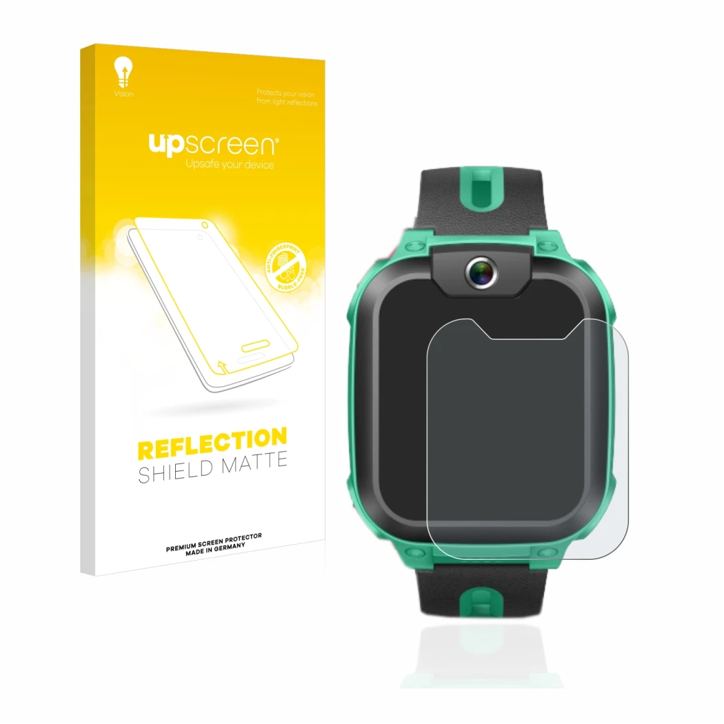 Face avant d’un emballage produit avec le logo de la marque upscreen. À côté, l’appareil Imoo Watch Phone Z1 est représenté av