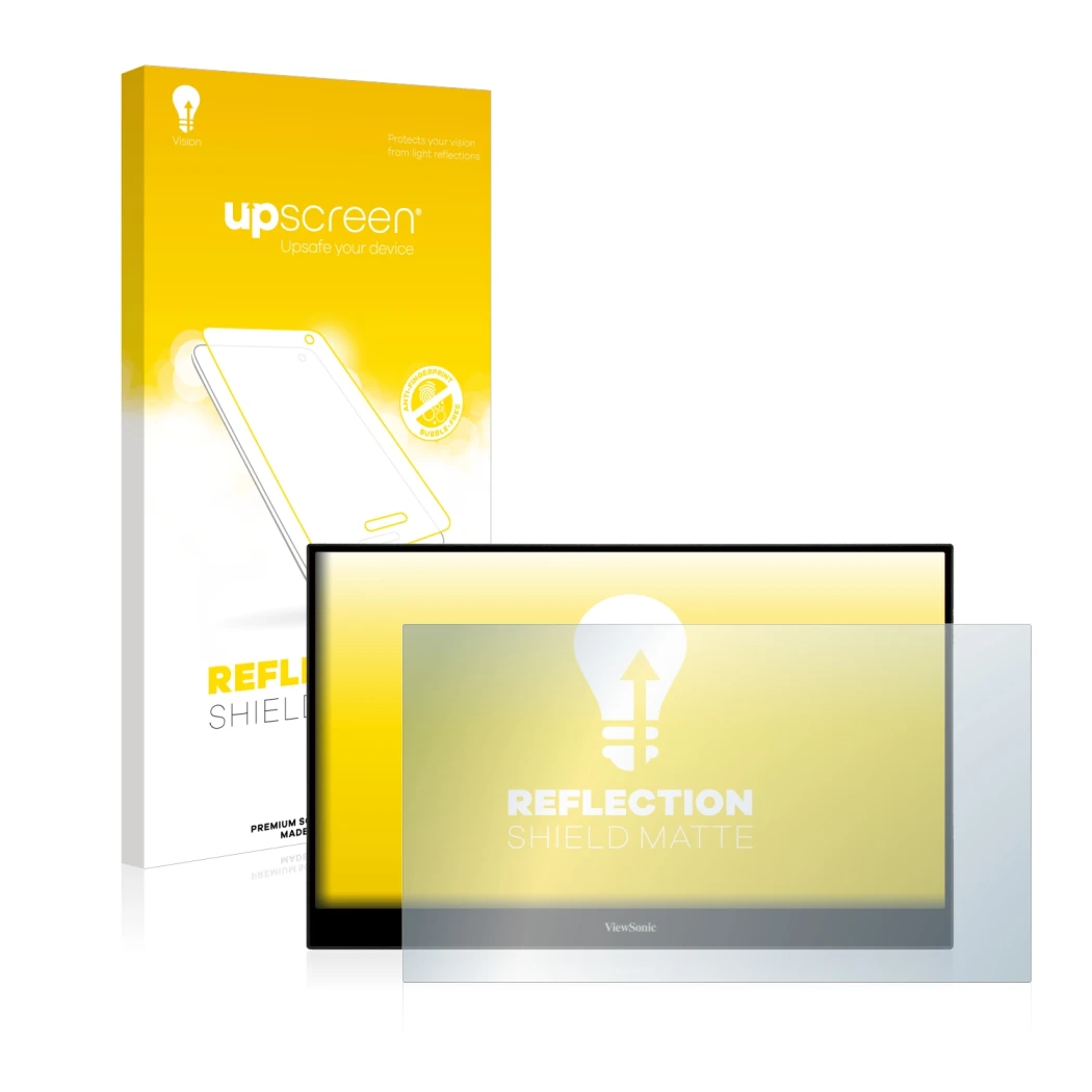 Face avant d’un emballage produit avec le logo de la marque upscreen. À côté, l’appareil ViewSonic TD1655 est représenté avec 