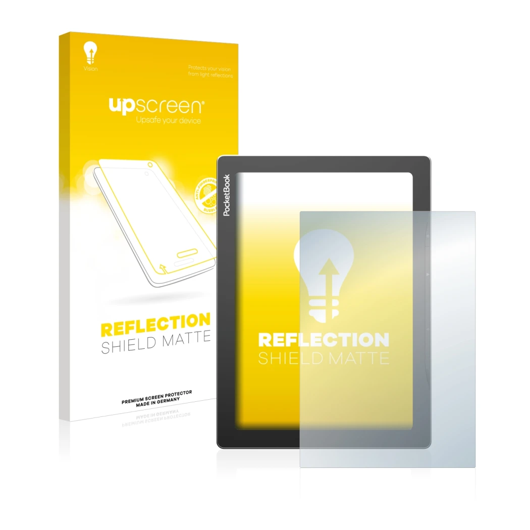 Face avant d’un emballage produit avec le logo de la marque upscreen. À côté, l’appareil PocketBook InkPad Lite est représenté