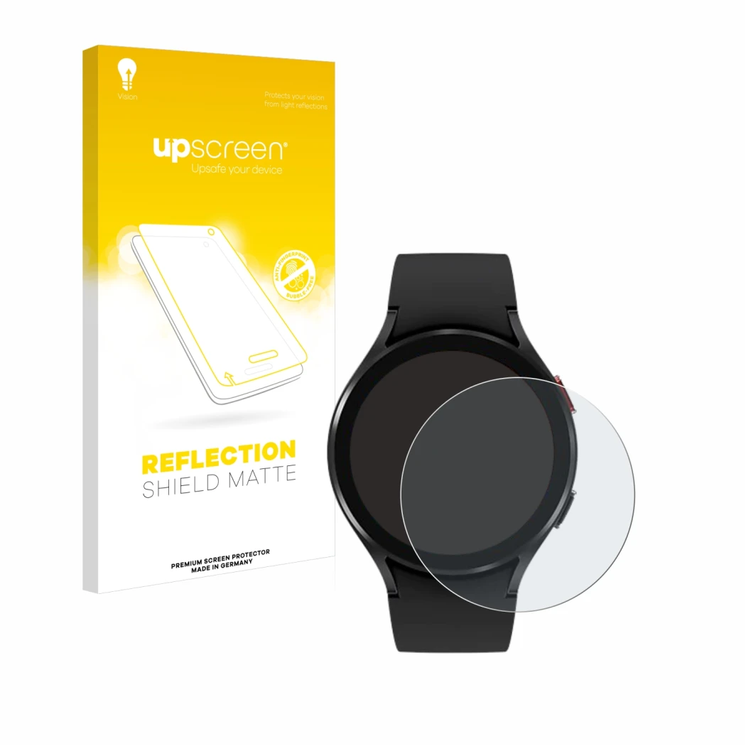 Face avant d’un emballage produit avec le logo de la marque upscreen. À côté, l’appareil Samsung Galaxy Watch 4 (44mm) est rep