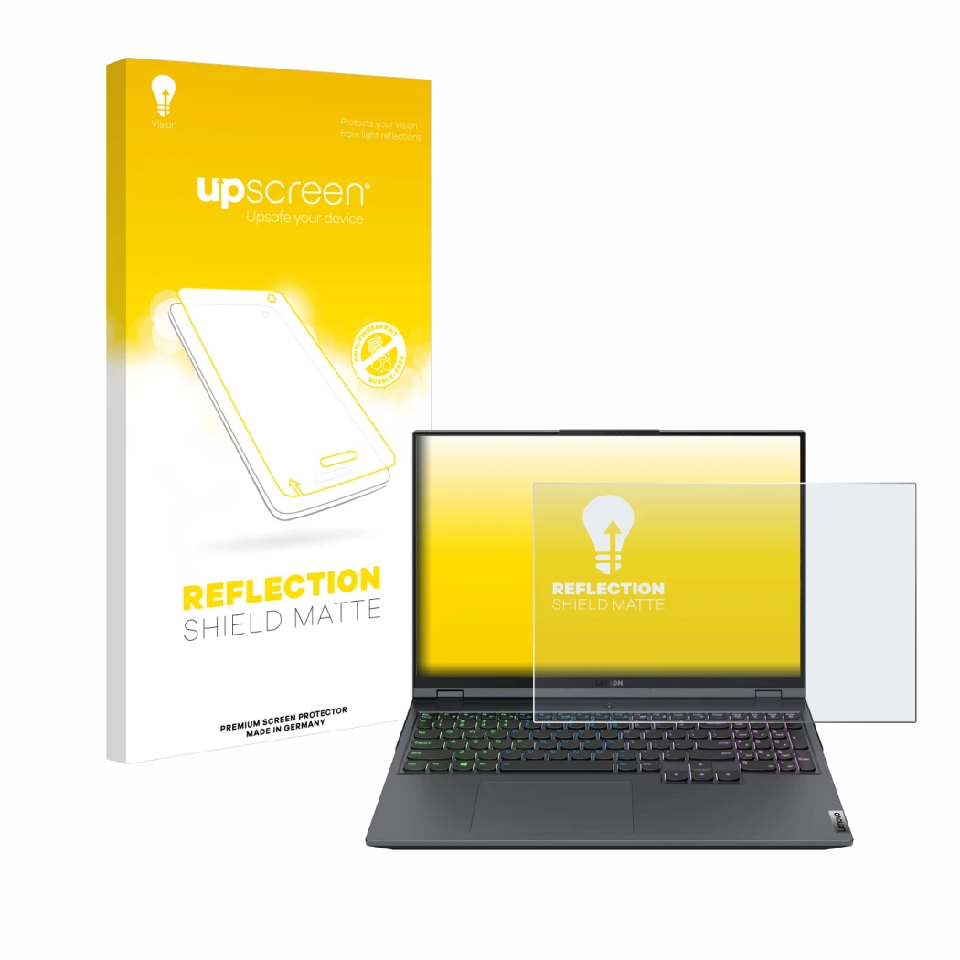 Face avant d’un emballage produit avec le logo de la marque upscreen. À côté, l’appareil Lenovo Legion 5 Pro est représenté av