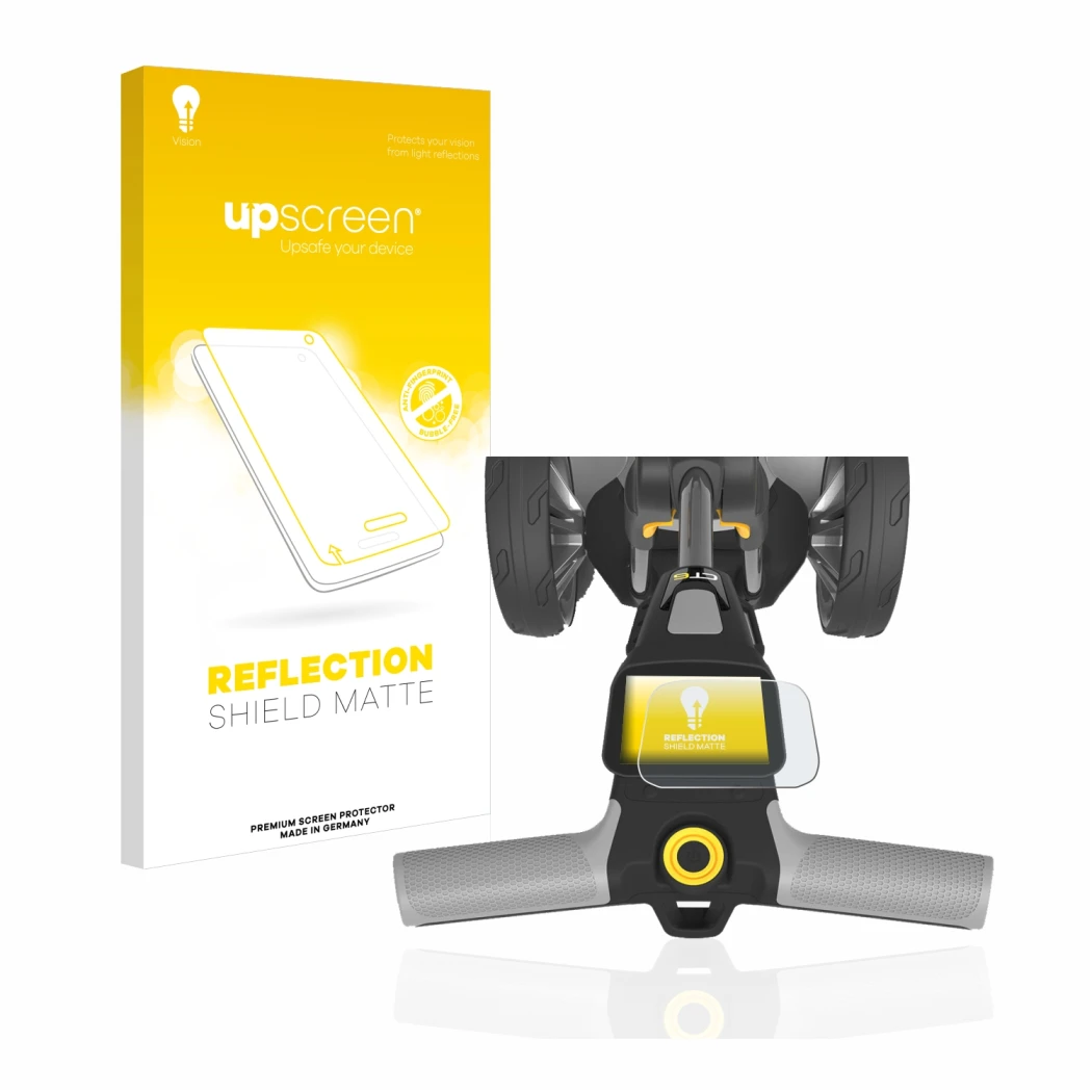 Face avant d’un emballage produit avec le logo de la marque upscreen. À côté, l’appareil PowaKaddy CT6 est représenté avec la 