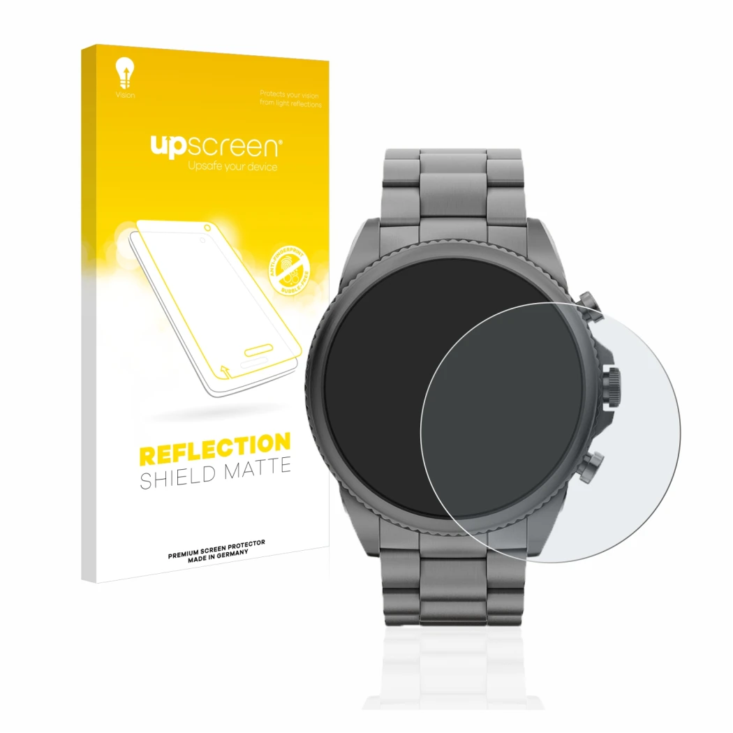 Face avant d’un emballage produit avec le logo de la marque upscreen. À côté, l’appareil Fossil Gen 6 (44mm) est représenté av