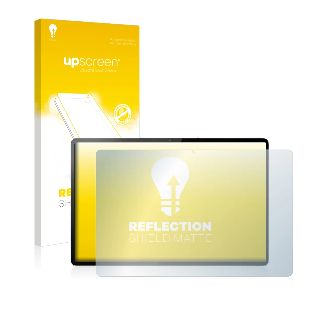 Face avant d’un emballage produit avec le logo de la marque upscreen. À côté, l’appareil Lenovo Tab P12 Pro est représenté ave