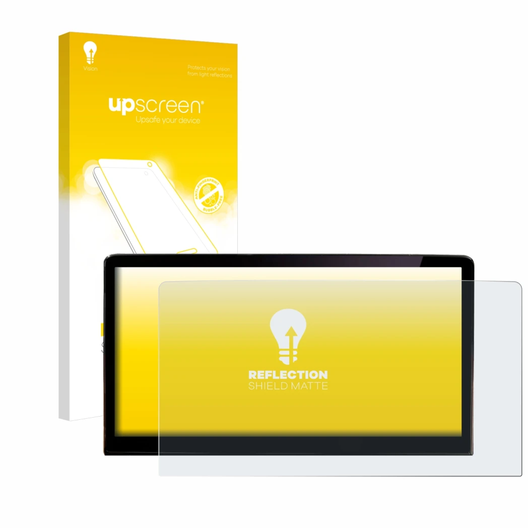 Face avant d’un emballage produit avec le logo de la marque upscreen. À côté, l’appareil Skoda Enyaq iV 80 2021 Infotainment S