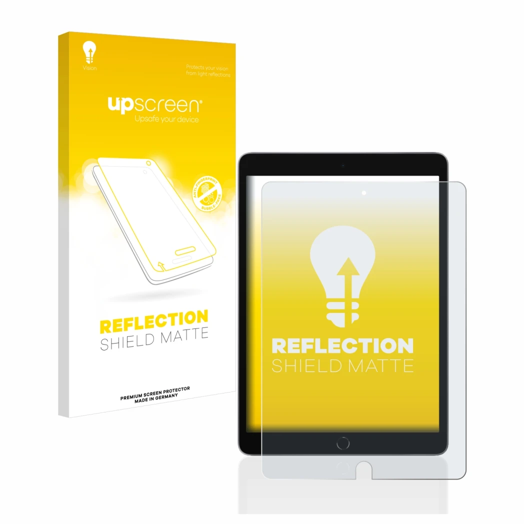 Face avant d’un emballage produit avec le logo de la marque upscreen. À côté, l’appareil Apple iPad 10.2