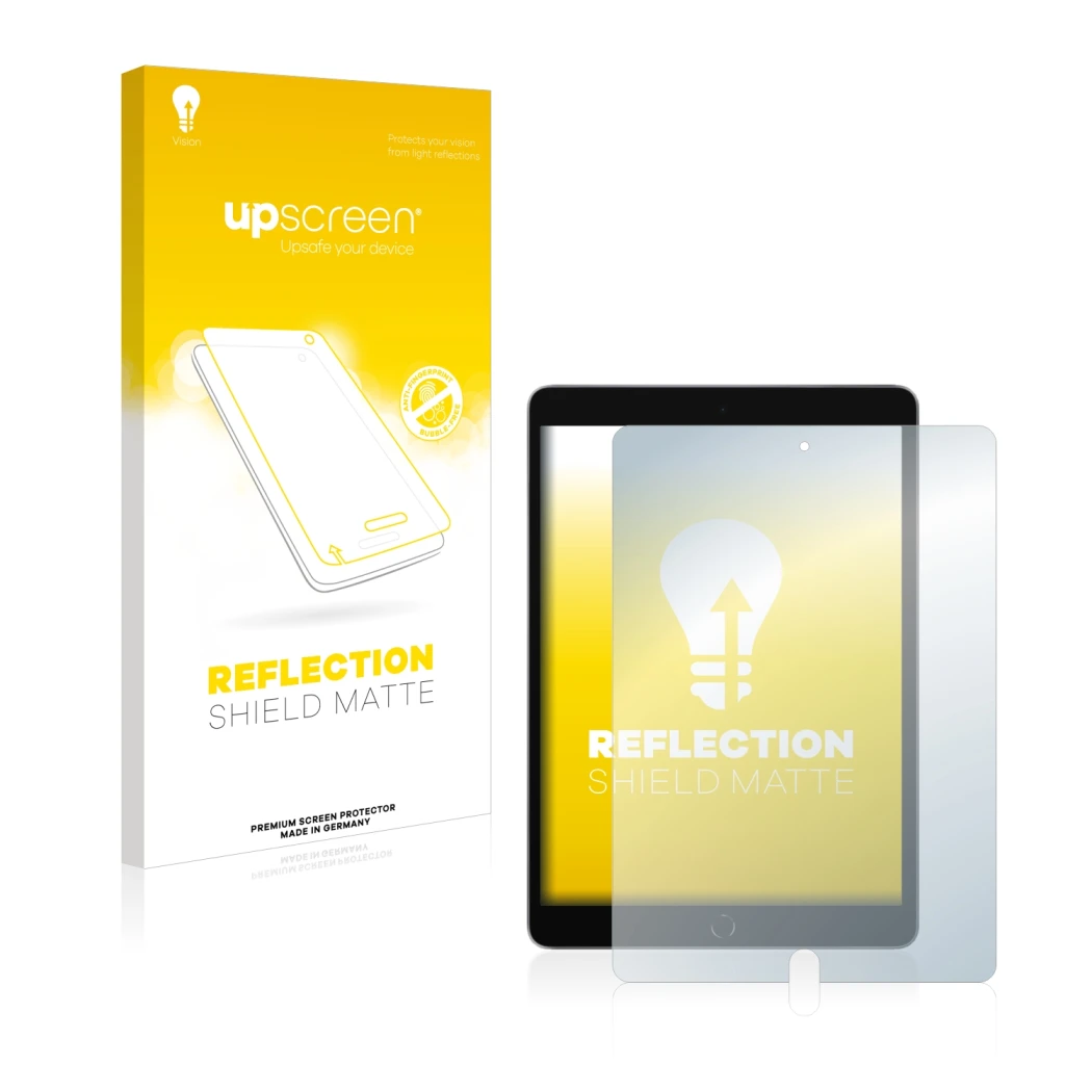 Face avant d’un emballage produit avec le logo de la marque upscreen. À côté, l’appareil Apple iPad 10.2