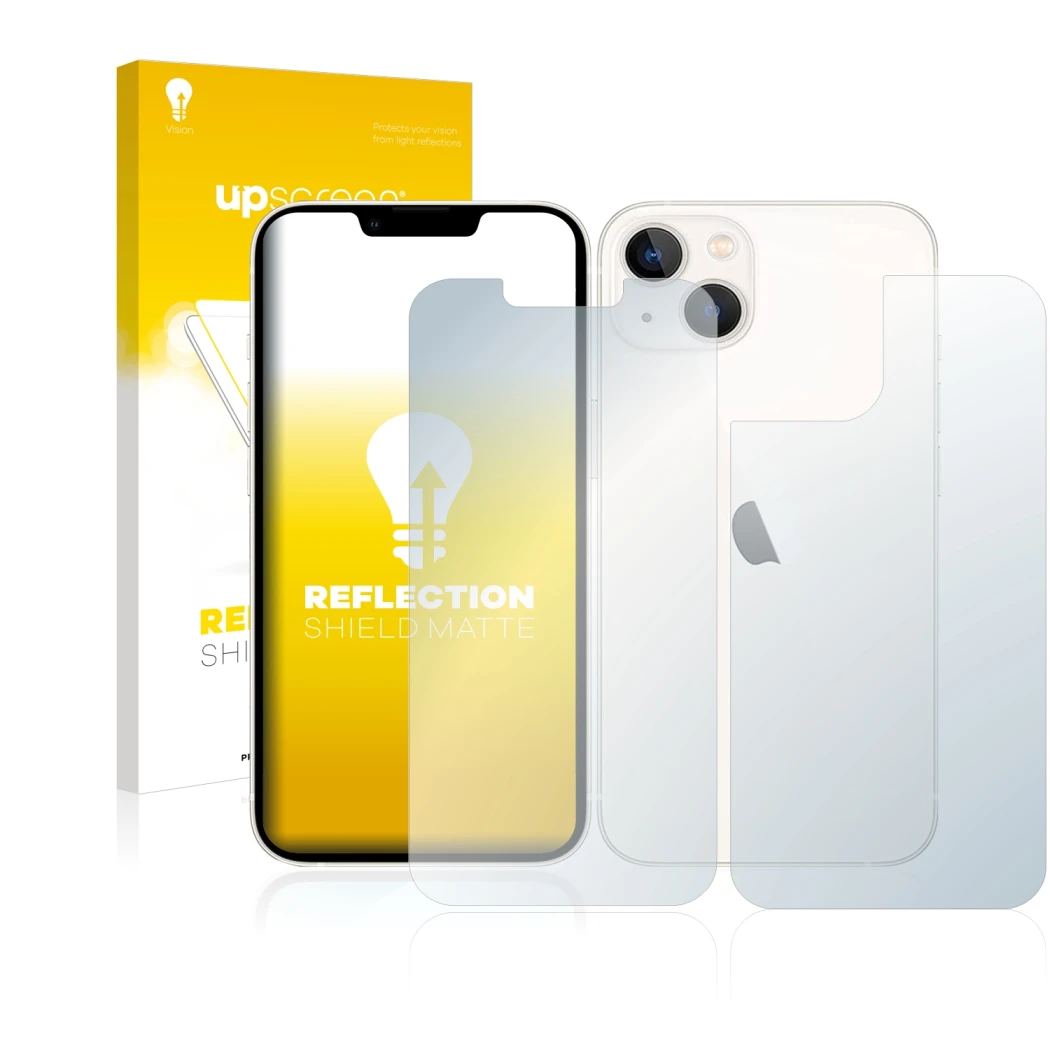 Face avant d’un emballage produit avec le logo de la marque upscreen. À côté, l’appareil Apple iPhone 13 (Avant+Arrière) est r