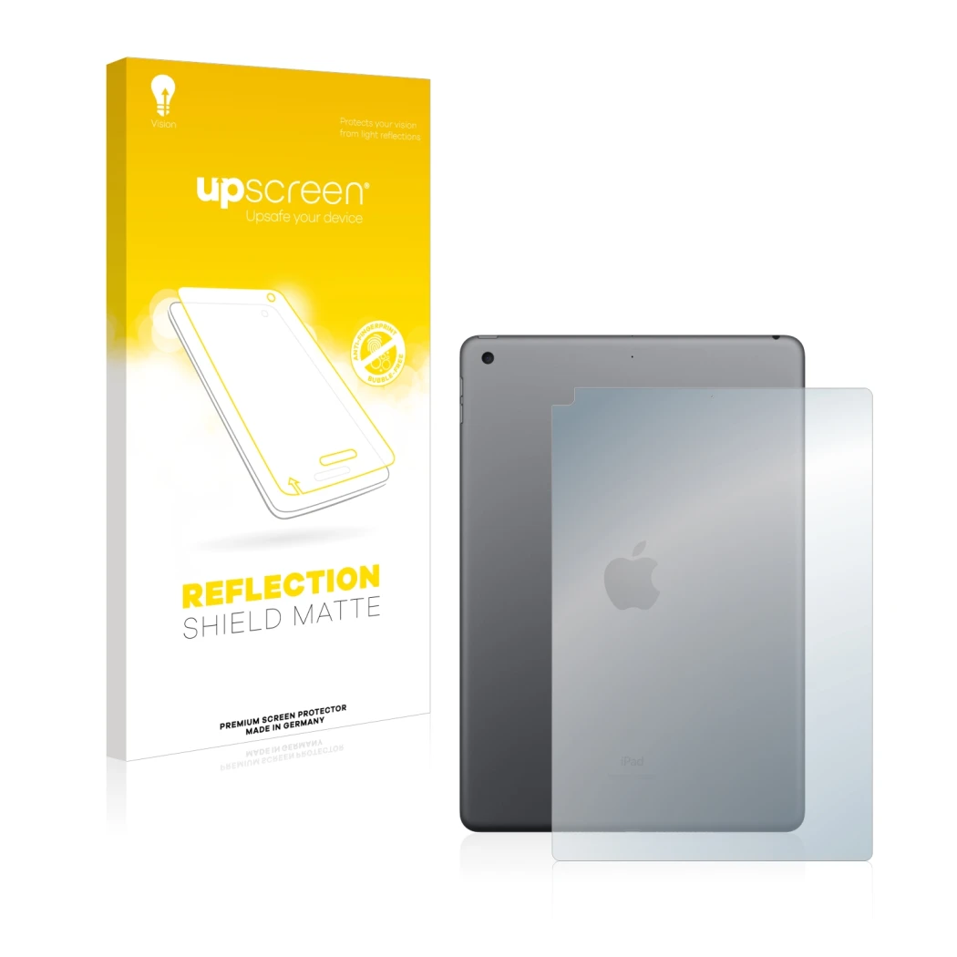 Face avant d’un emballage produit avec le logo de la marque upscreen. À côté, l’appareil Apple iPad 10.2