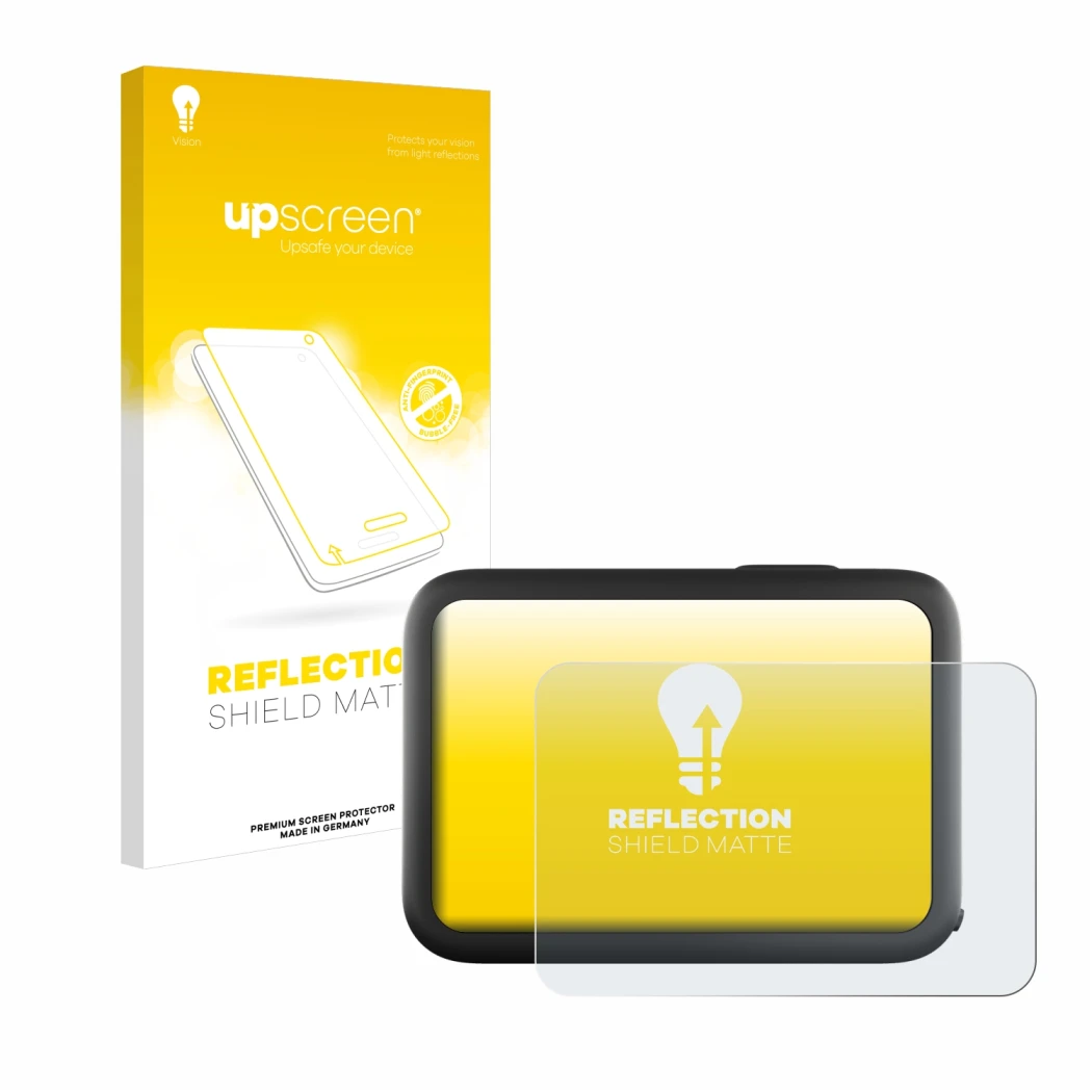 Face avant d’un emballage produit avec le logo de la marque upscreen. À côté, l’appareil GoPro Hero 10 Black est représenté av