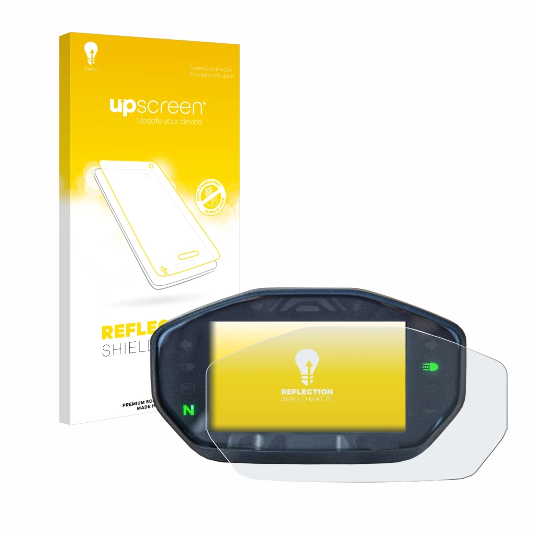 Face avant d’un emballage produit avec le logo de la marque upscreen. À côté, l’appareil Ducati Monster / Monster + 2021 est r