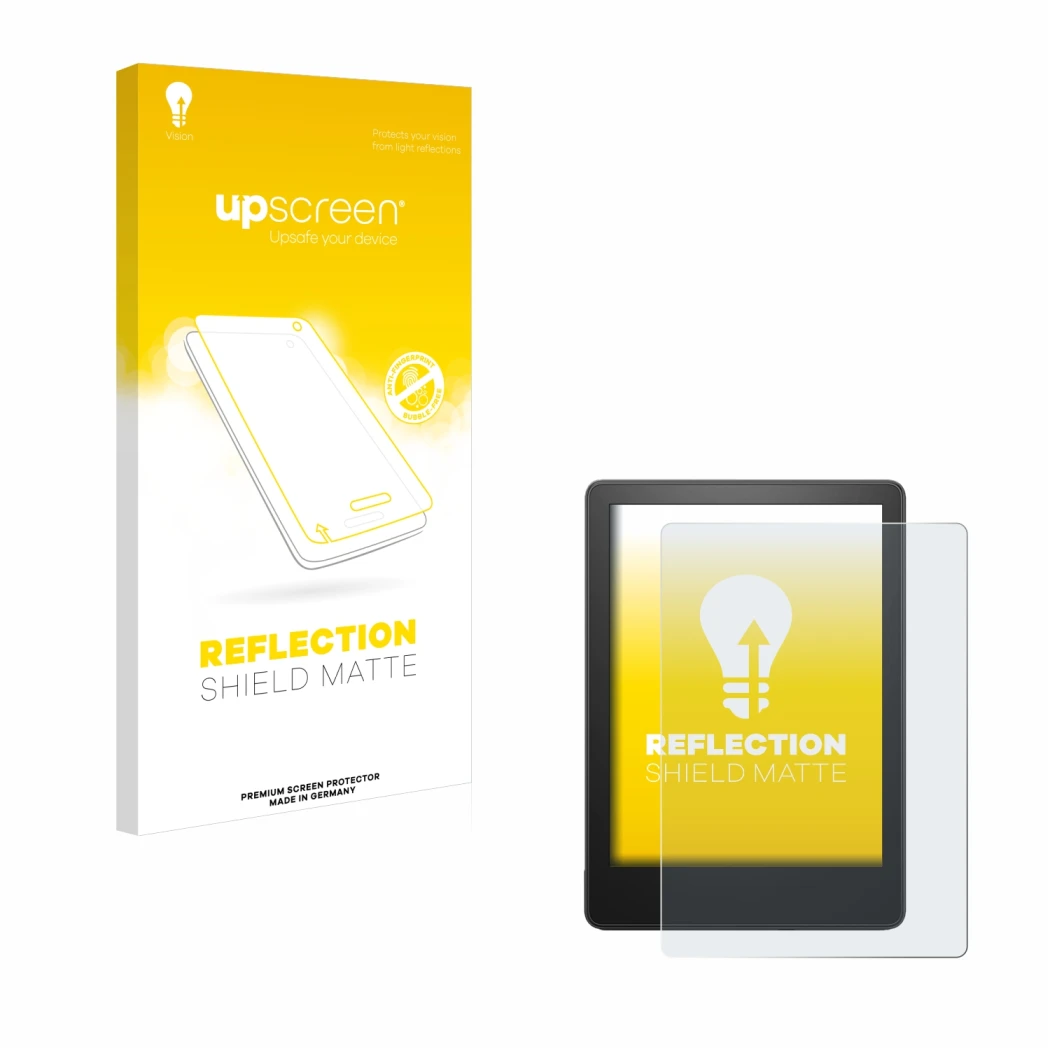 Face avant d’un emballage produit avec le logo de la marque upscreen. À côté, l’appareil Amazon Kindle Paperwhite 2021 (11ème