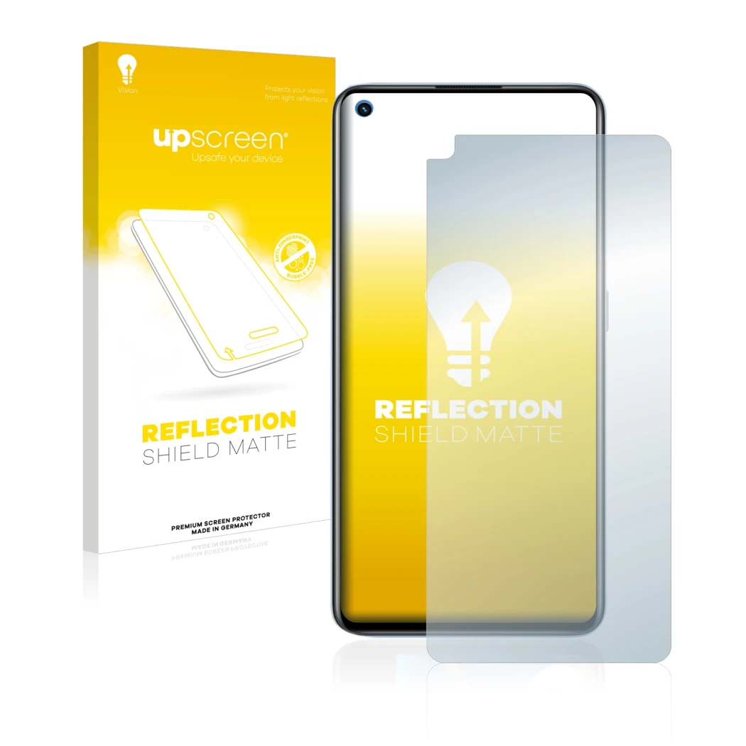 Face avant d’un emballage produit avec le logo de la marque upscreen. À côté, l’appareil realme GT Neo 2 est représenté avec l