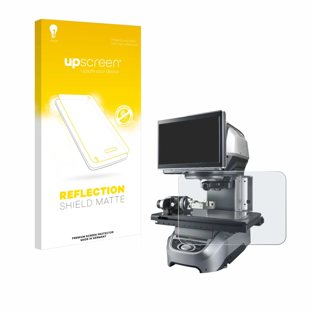 Face avant d’un emballage produit avec le logo de la marque upscreen. À côté, l’appareil Keyence IM-8030 Dessus en verre est r