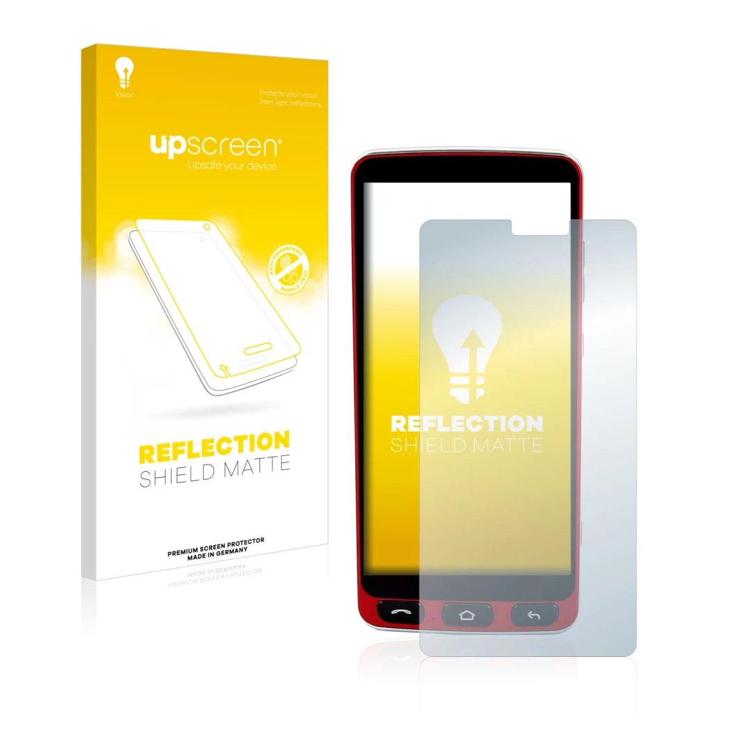 Face avant d’un emballage produit avec le logo de la marque upscreen. À côté, l’appareil Olympia Neo Smartphone est représenté