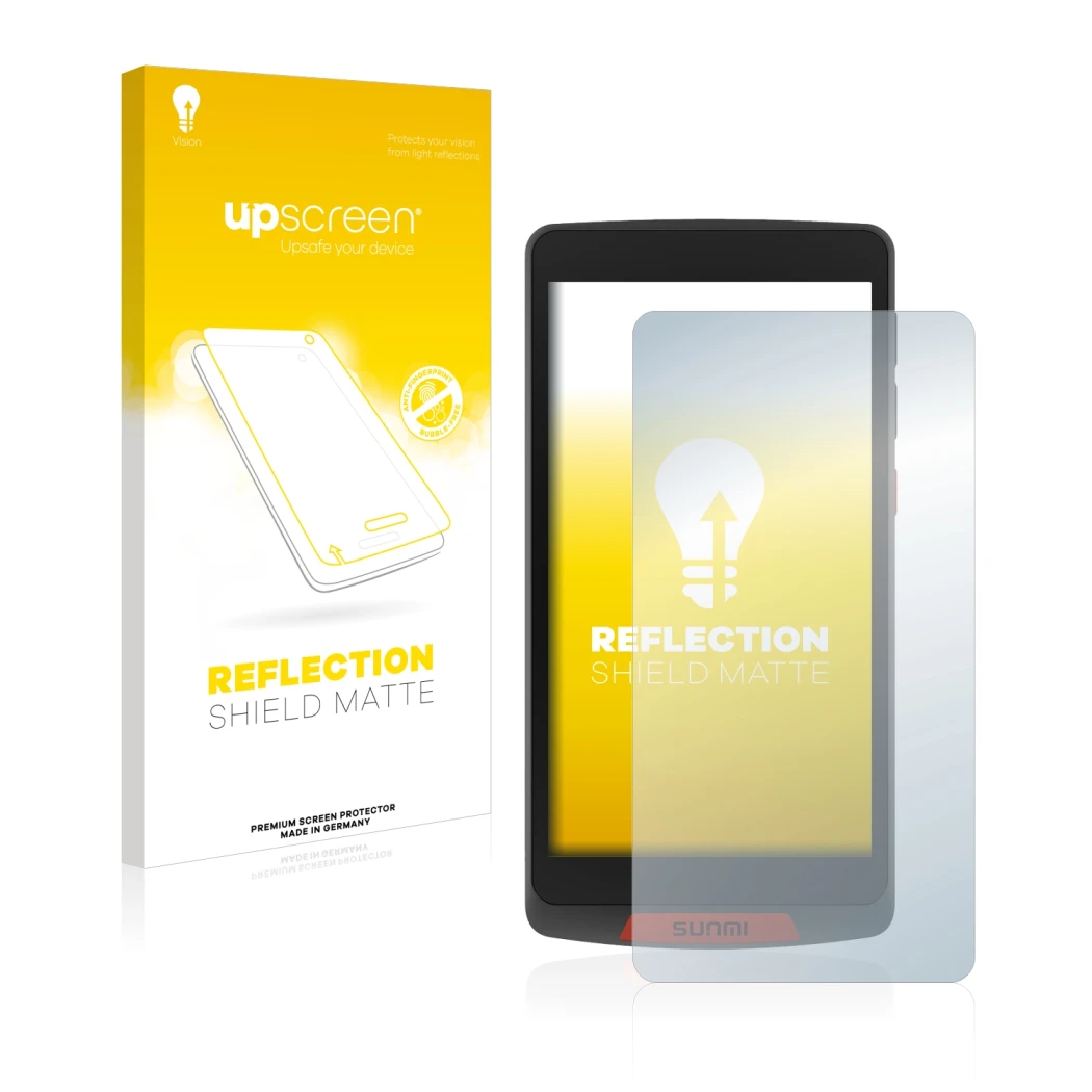 Face avant d’un emballage produit avec le logo de la marque upscreen. À côté, l’appareil Sunmi M2 est représenté avec la prote