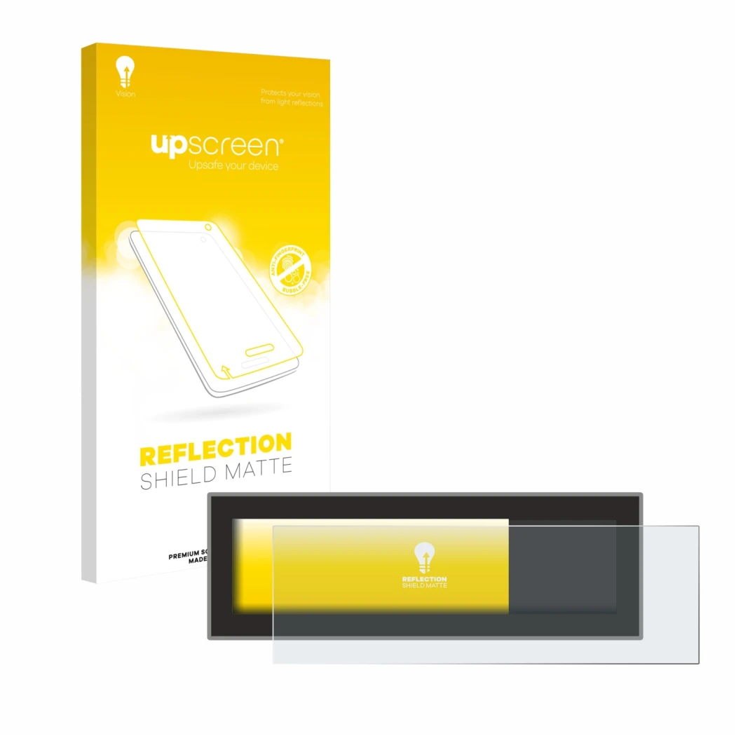 Face avant d’un emballage produit avec le logo de la marque upscreen. À côté, l’appareil Porsche Taycan 2021 PCM 6.0 est repré