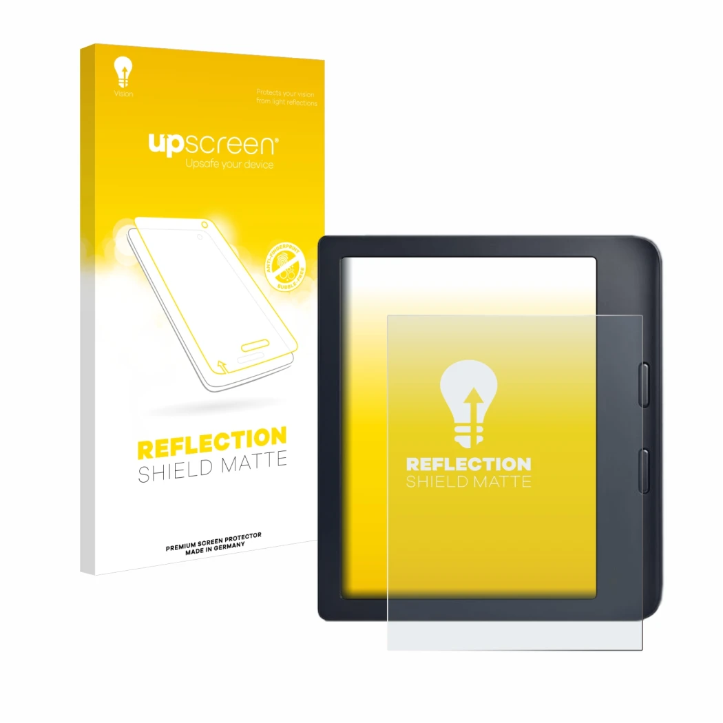 Face avant d’un emballage produit avec le logo de la marque upscreen. À côté, l’appareil Kobo Libra 2 est représenté avec la p