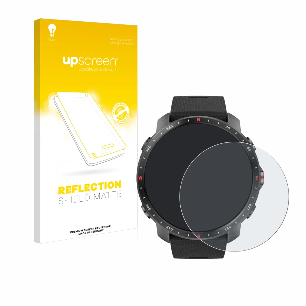 Face avant d’un emballage produit avec le logo de la marque upscreen. À côté, l’appareil Polar Grit X Pro est représenté avec 