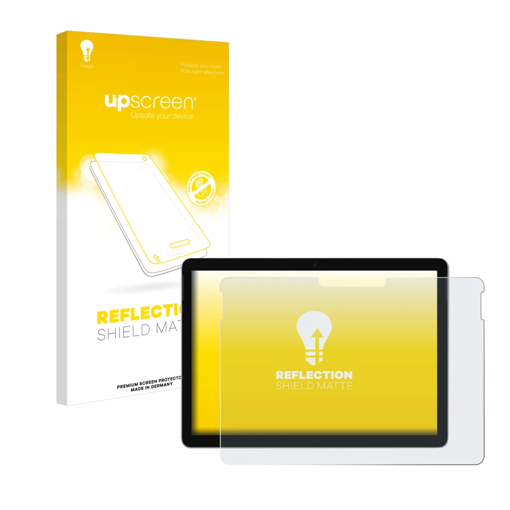 Face avant d’un emballage produit avec le logo de la marque upscreen. À côté, l’appareil Microsoft Surface Go 3 est représenté