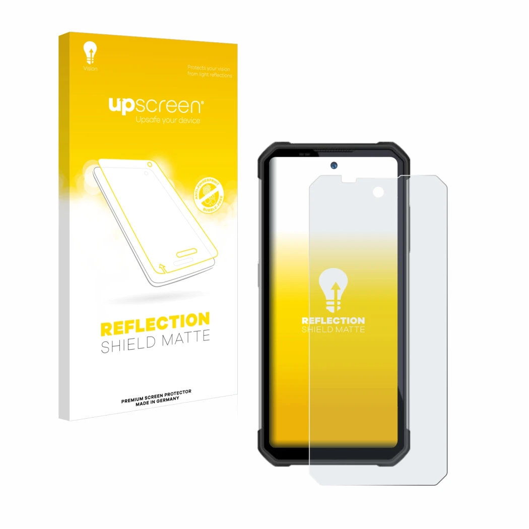 Face avant d’un emballage produit avec le logo de la marque upscreen. À côté, l’appareil Oukitel WP17 est représenté avec la p