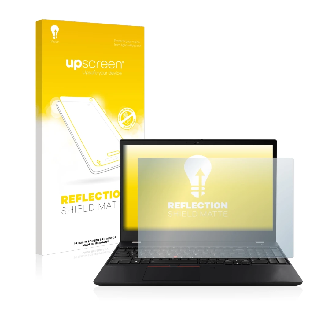 Face avant d’un emballage produit avec le logo de la marque upscreen. À côté, l’appareil Lenovo ThinkPad T15 Gen 2 est représe