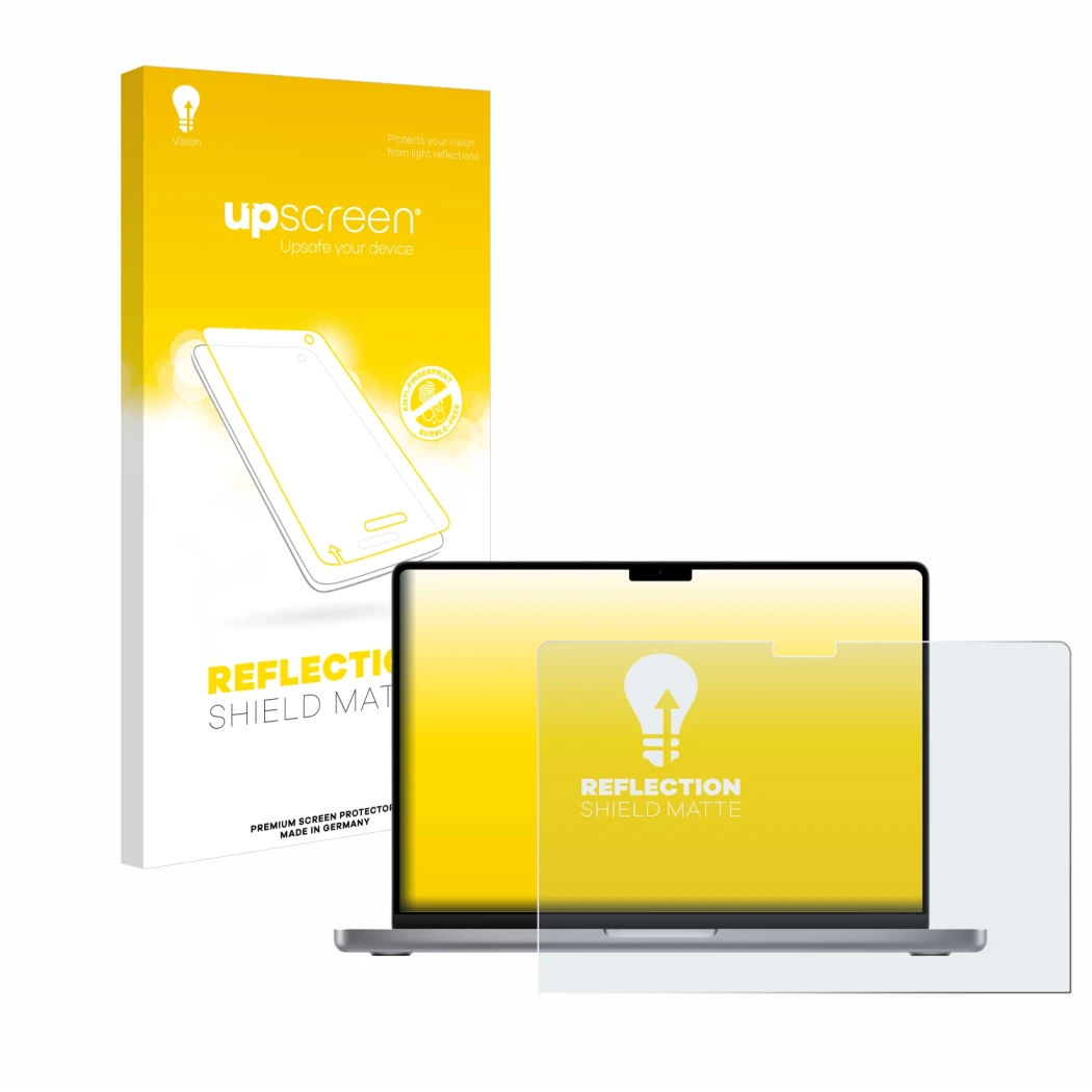 Face avant d’un emballage produit avec le logo de la marque upscreen. À côté, l’appareil Apple MacBook Pro 14