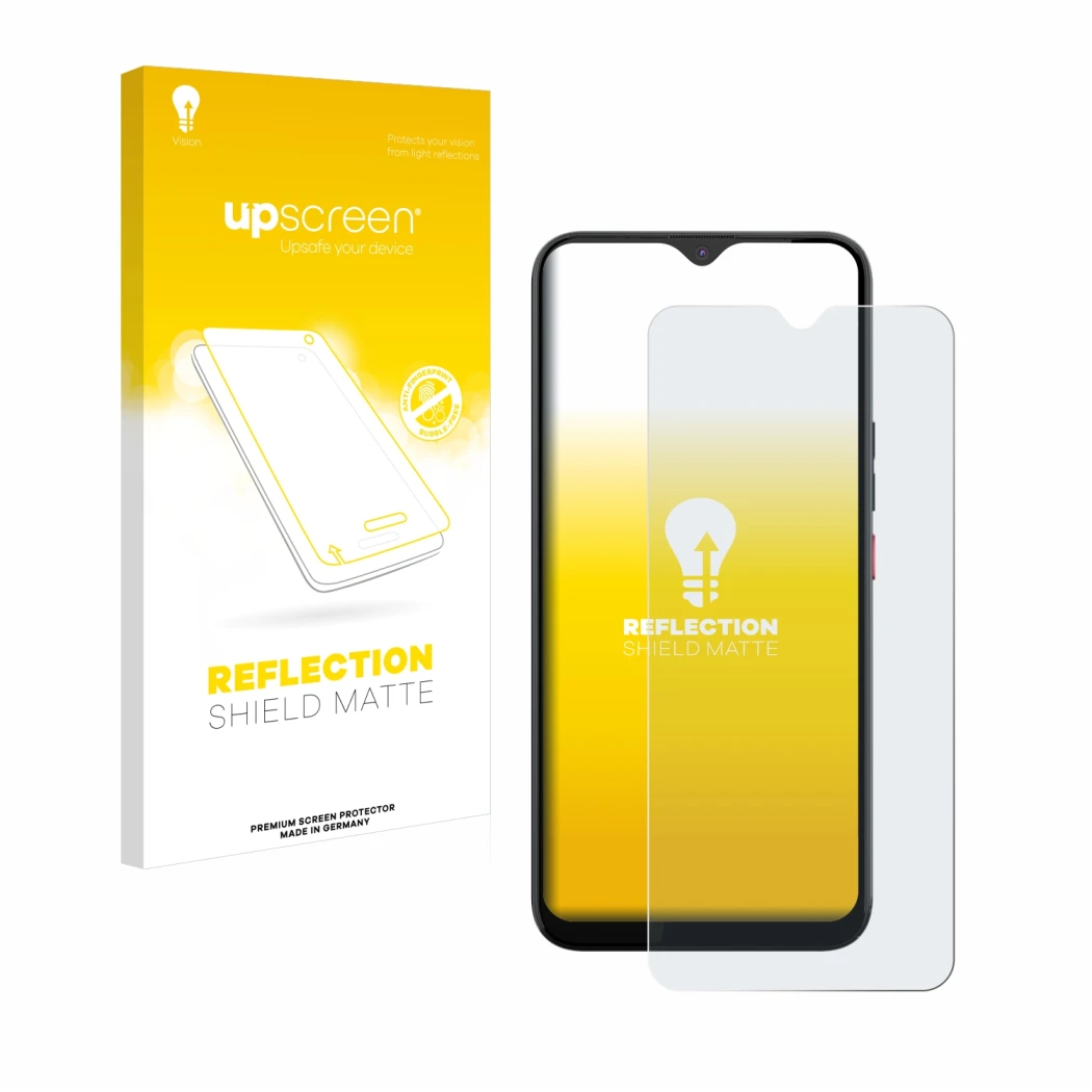 Face avant d’un emballage produit avec le logo de la marque upscreen. À côté, l’appareil Gigaset GS5 est représenté avec la pr