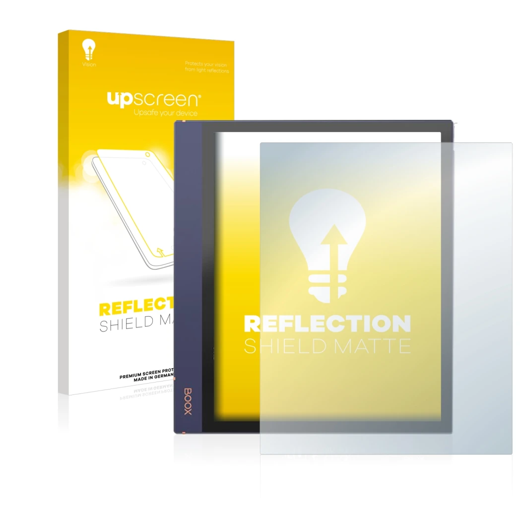 Face avant d’un emballage produit avec le logo de la marque upscreen. À côté, l’appareil Boox Note Air 2 est représenté avec l