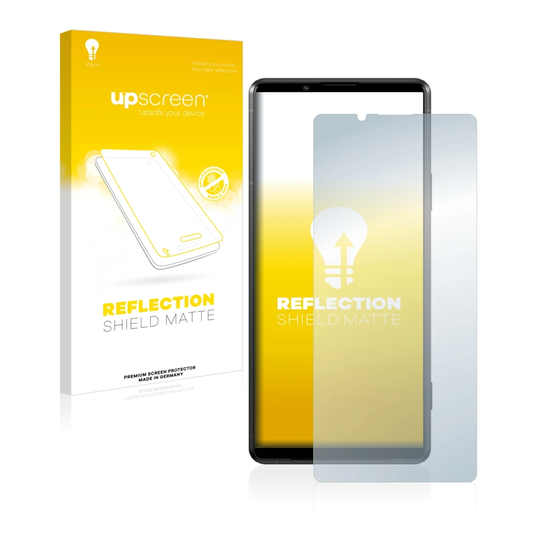 Face avant d’un emballage produit avec le logo de la marque upscreen. À côté, l’appareil Sony Xperia Pro-I est représenté avec