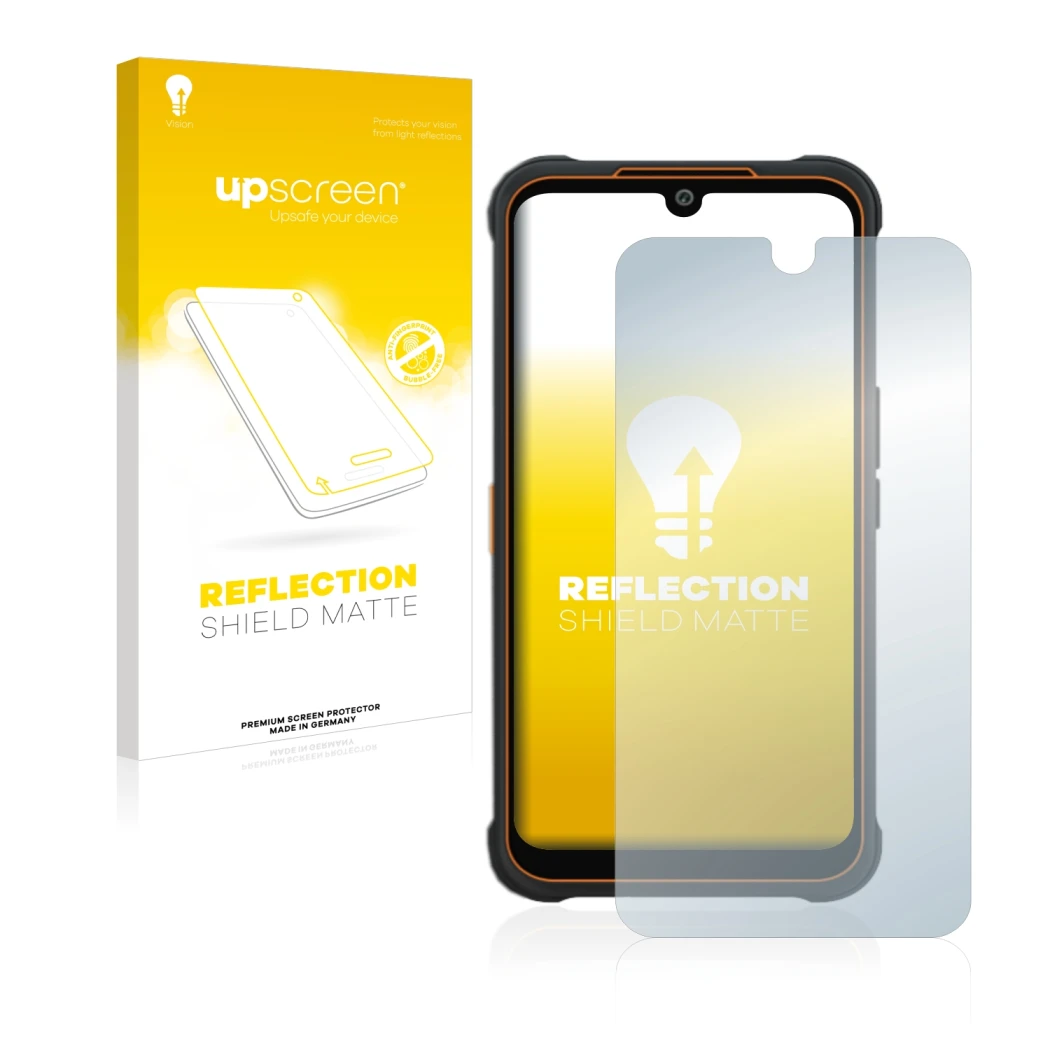 Face avant d’un emballage produit avec le logo de la marque upscreen. À côté, l’appareil AGM Glory Pro est représenté avec la
