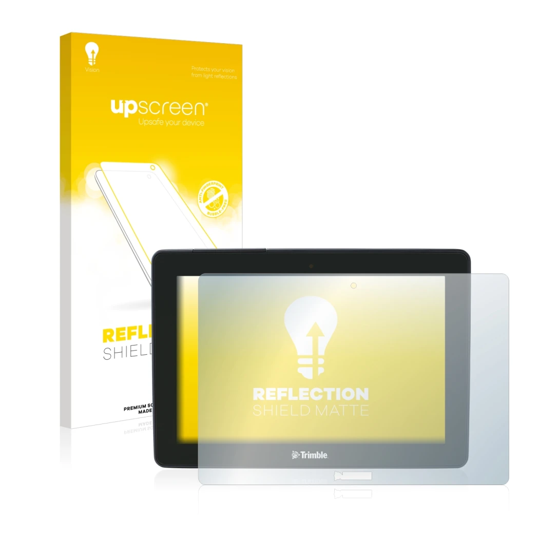 Face avant d’un emballage produit avec le logo de la marque upscreen. À côté, l’appareil Trimble GFX-750 est représenté avec l