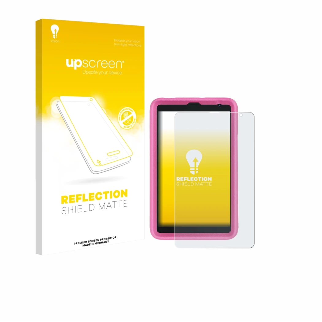 Face avant d’un emballage produit avec le logo de la marque upscreen. À côté, l’appareil Blackview Tab 6 Kids est représenté a