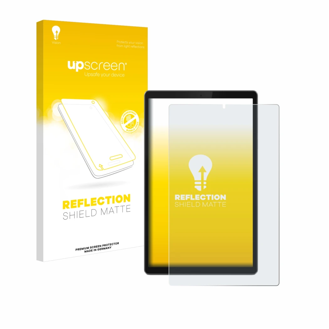 Face avant d’un emballage produit avec le logo de la marque upscreen. À côté, l’appareil Lenovo Tab TB-X306F est représenté av