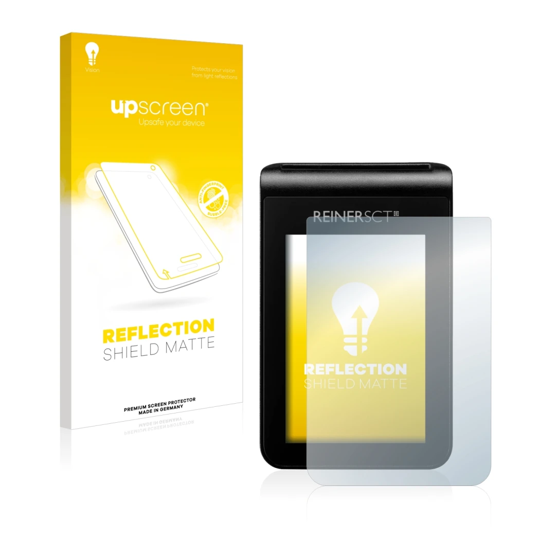 Face avant d’un emballage produit avec le logo de la marque upscreen. À côté, l’appareil REINER SCT tanJack deluxe est représe