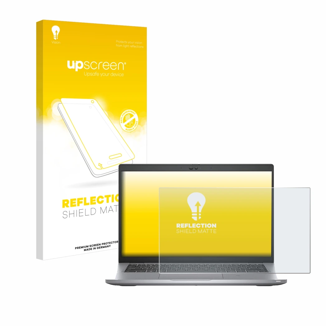 Face avant d’un emballage produit avec le logo de la marque upscreen. À côté, l’appareil Dell Latitude 5420 est représenté ave