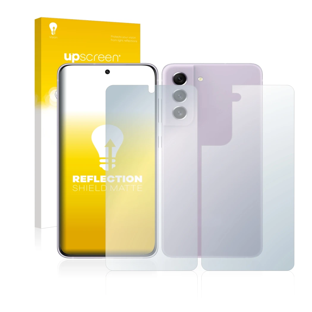 Face avant d’un emballage produit avec le logo de la marque upscreen. À côté, l’appareil Samsung Galaxy S21 FE 5G (Avant+Arriè