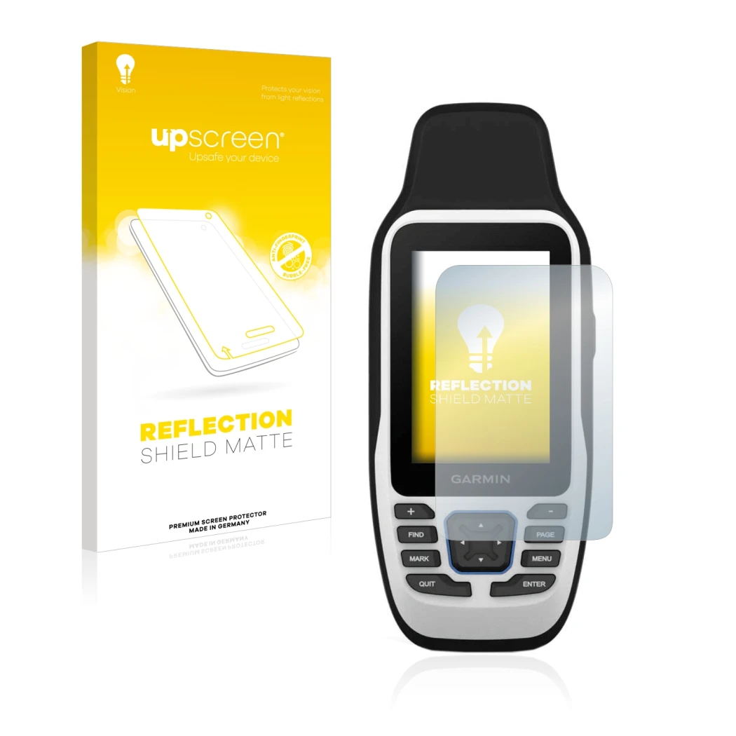 Face avant d’un emballage produit avec le logo de la marque upscreen. À côté, l’appareil Garmin GPSMAP 79s est représenté avec