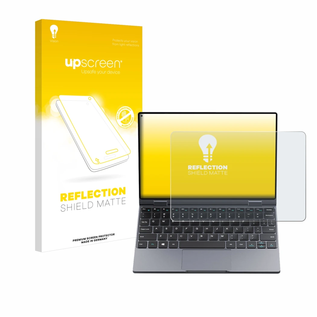 Face avant d’un emballage produit avec le logo de la marque upscreen. À côté, l’appareil Chuwi MiniBook X est représenté avec