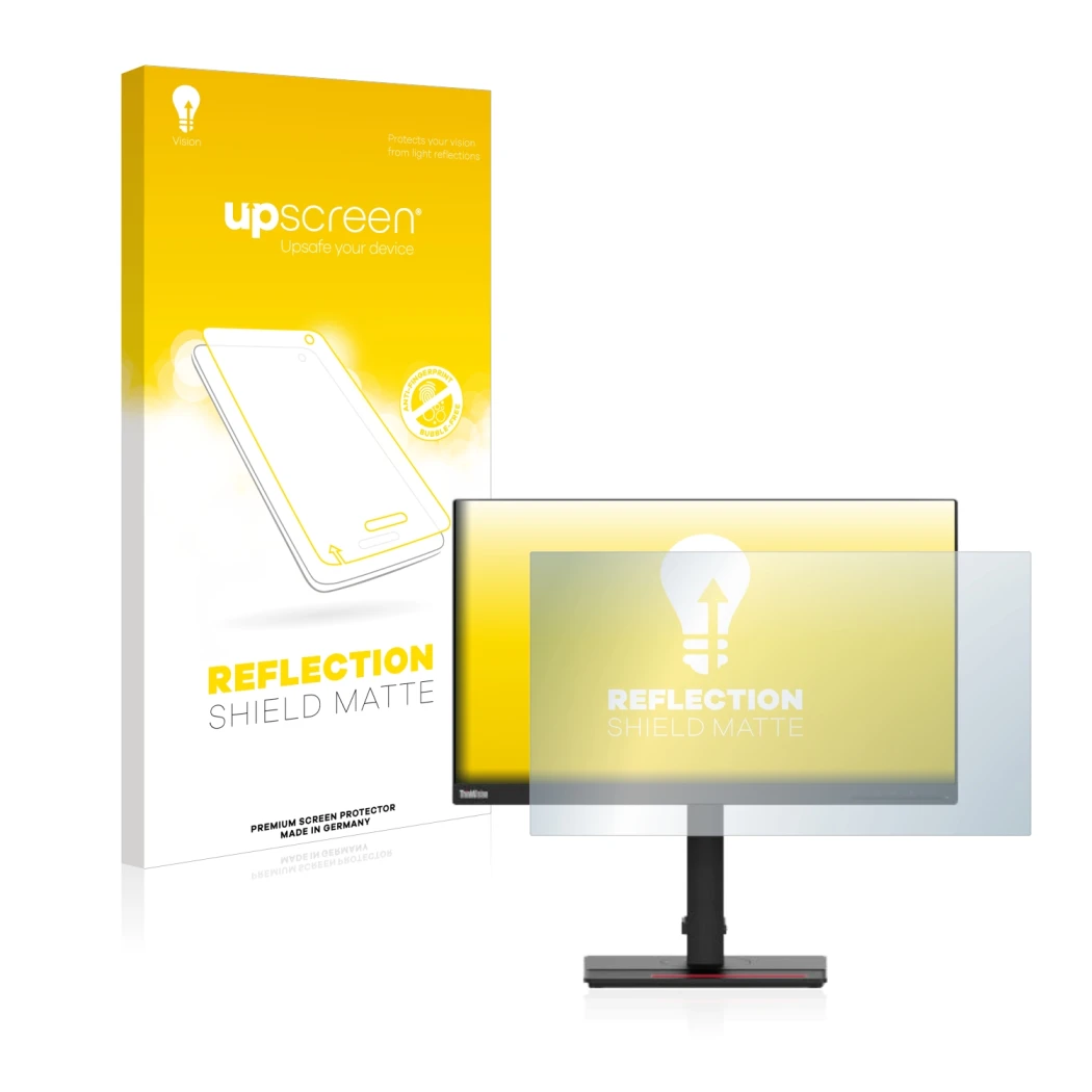Face avant d’un emballage produit avec le logo de la marque upscreen. À côté, l’appareil Lenovo ThinkVision T24i-2L est représ